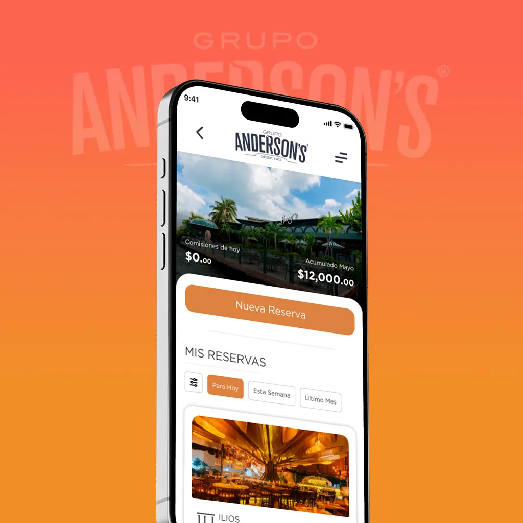 App para fuerza de ventas mostrada en un teléfono, con comisiones y reservaciones