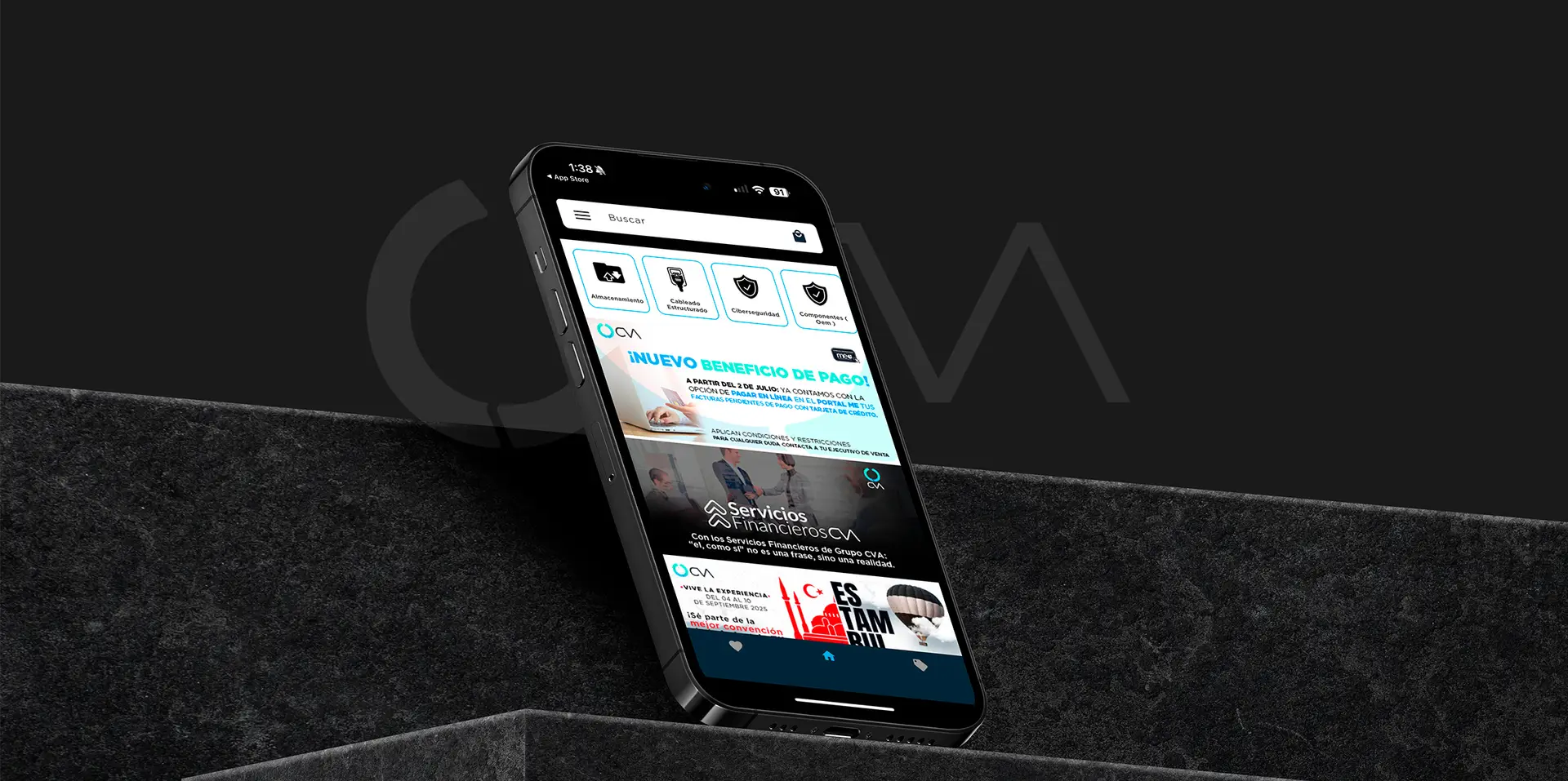 App de pedidos mayoristas mostrada en un teléfono, con catálogo de productos electrónicos