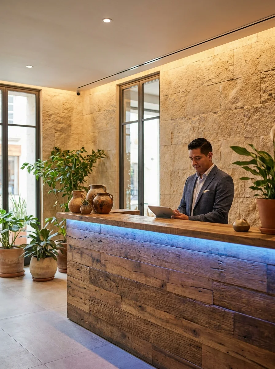 Recepción hotelera con check-in digital