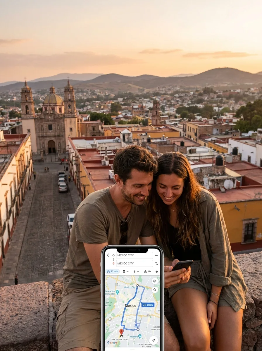 Viajeros consultando mapa y experiencias en destino